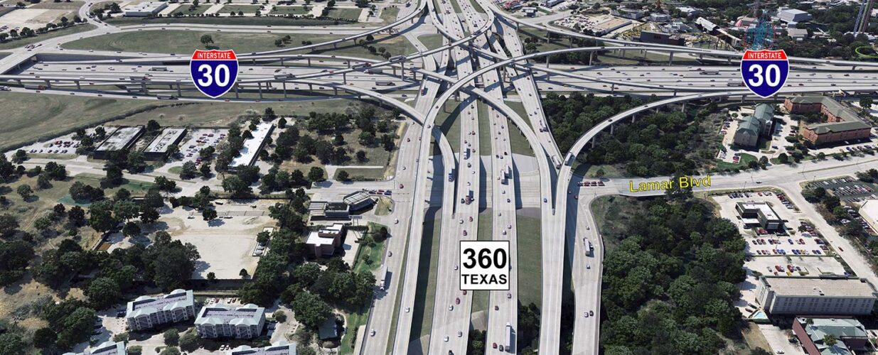 rendering of IH 30 and SH 360 with labels